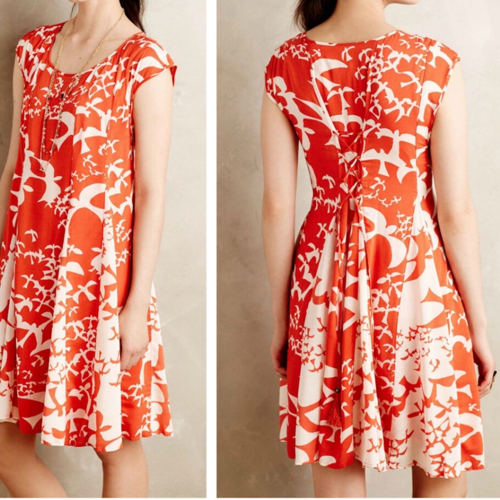 Anthropologie MAEVE Indiga Orange Bird Lace-Up Back Tassel Swing Dress Size XS